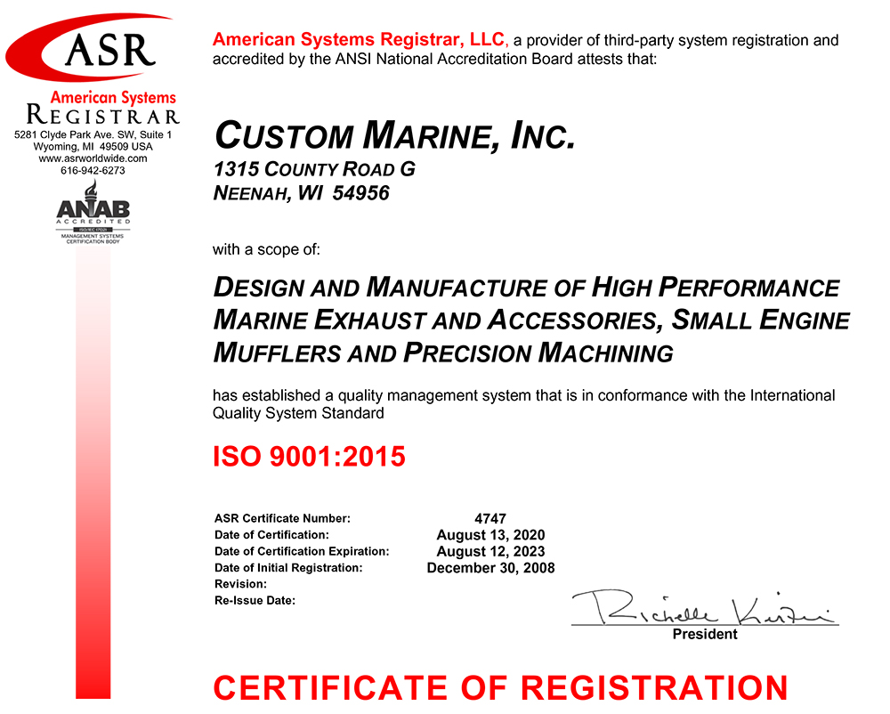Custom Marine Inc. was CMI Awarded ISO 9001:2015 Certification on August 13, 2020